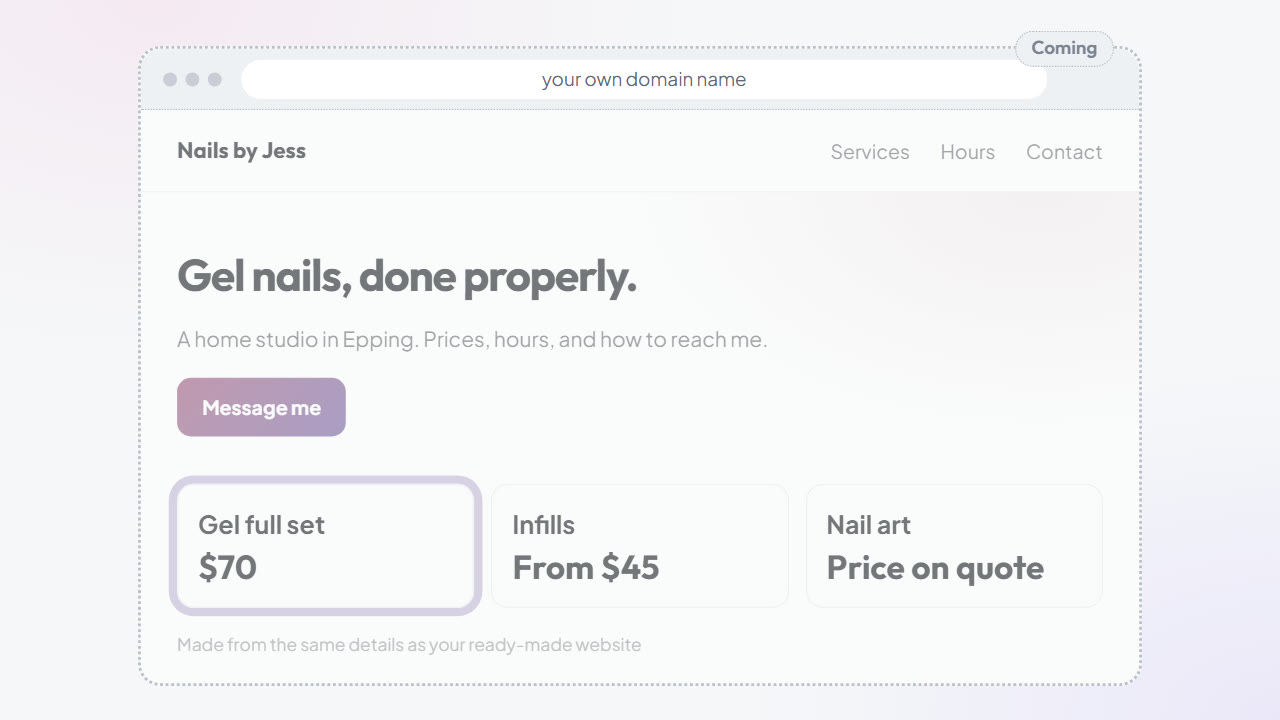 A price changed once in the workspace, and the custom website drawn beside it as coming.